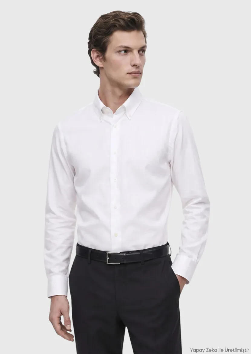 White Plain Regular Fit Long Weaving Classical 100% Cotton Shirt - RAMSEY