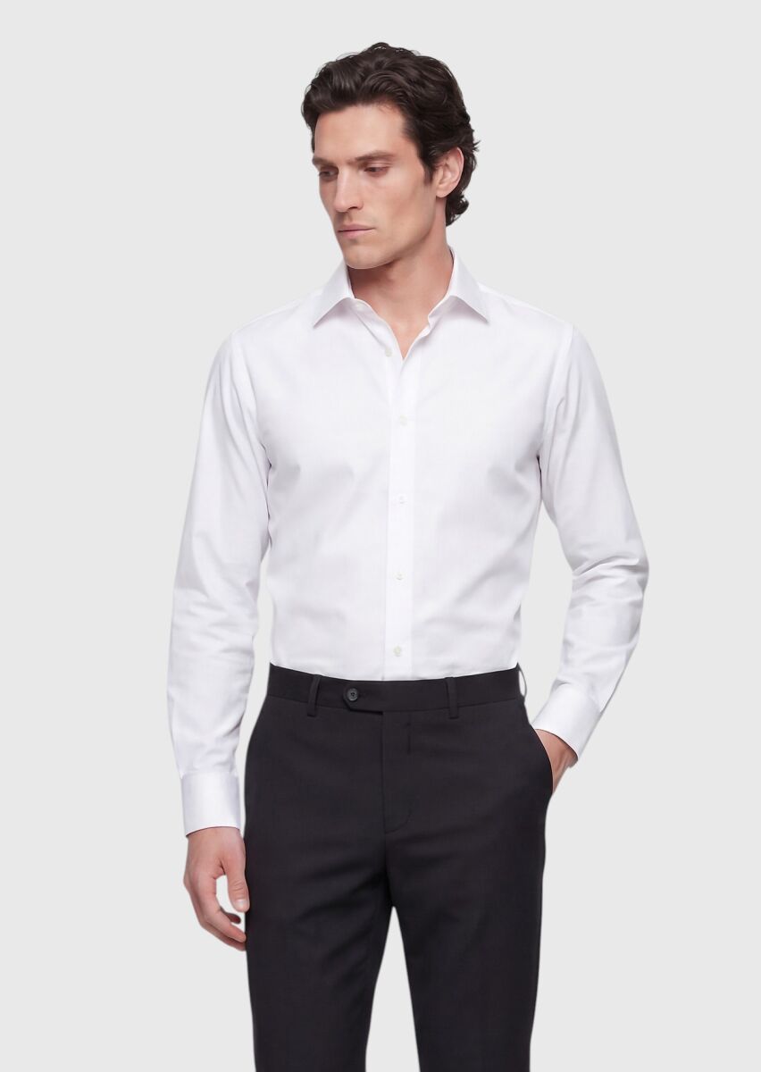 White Plain Regular Fit Long Weaving Classical 100% Cotton Shirt - 3