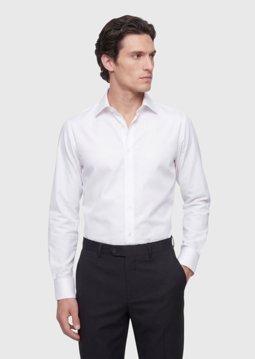 White Plain Regular Fit Long Weaving Classical 100% Cotton Shirt - 1