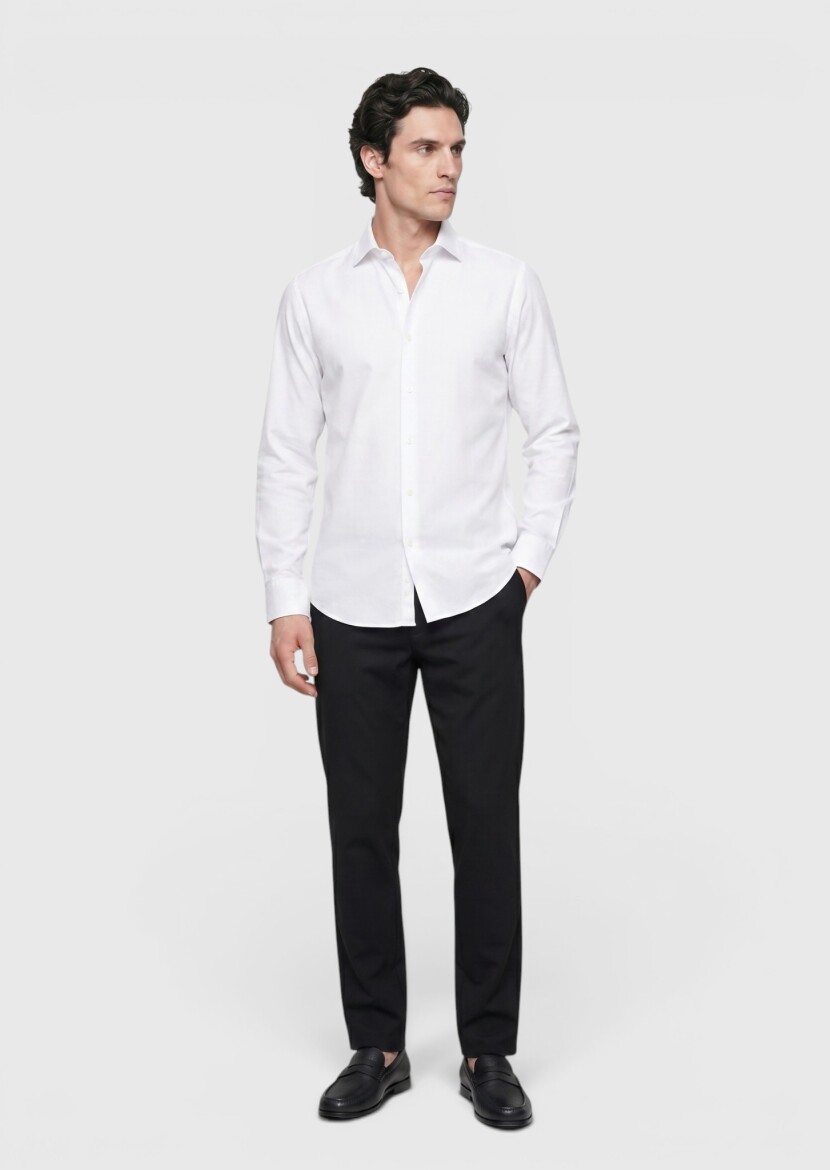 White Plain Regular Fit Long Weaving Classical 100% Cotton Shirt - RAMSEY