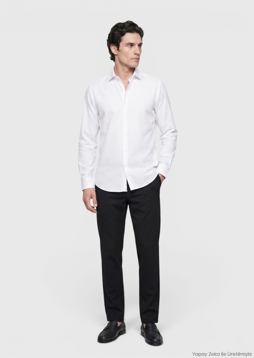 White Plain Regular Fit Long Weaving Classical 100% Cotton Shirt - RAMSEY
