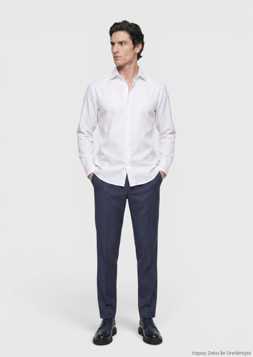 White Plain Regular Fit Long Weaving Classical 100% Cotton Shirt - RAMSEY