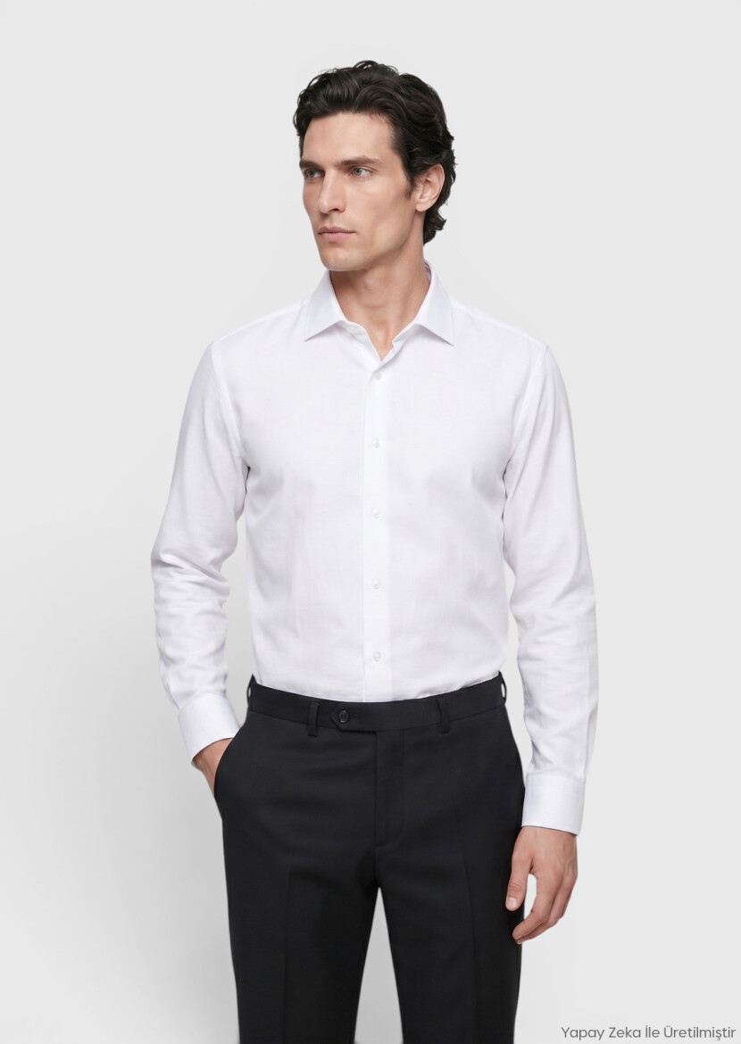 White Plain Regular Fit Long Weaving Classical 100% Cotton Shirt - RAMSEY