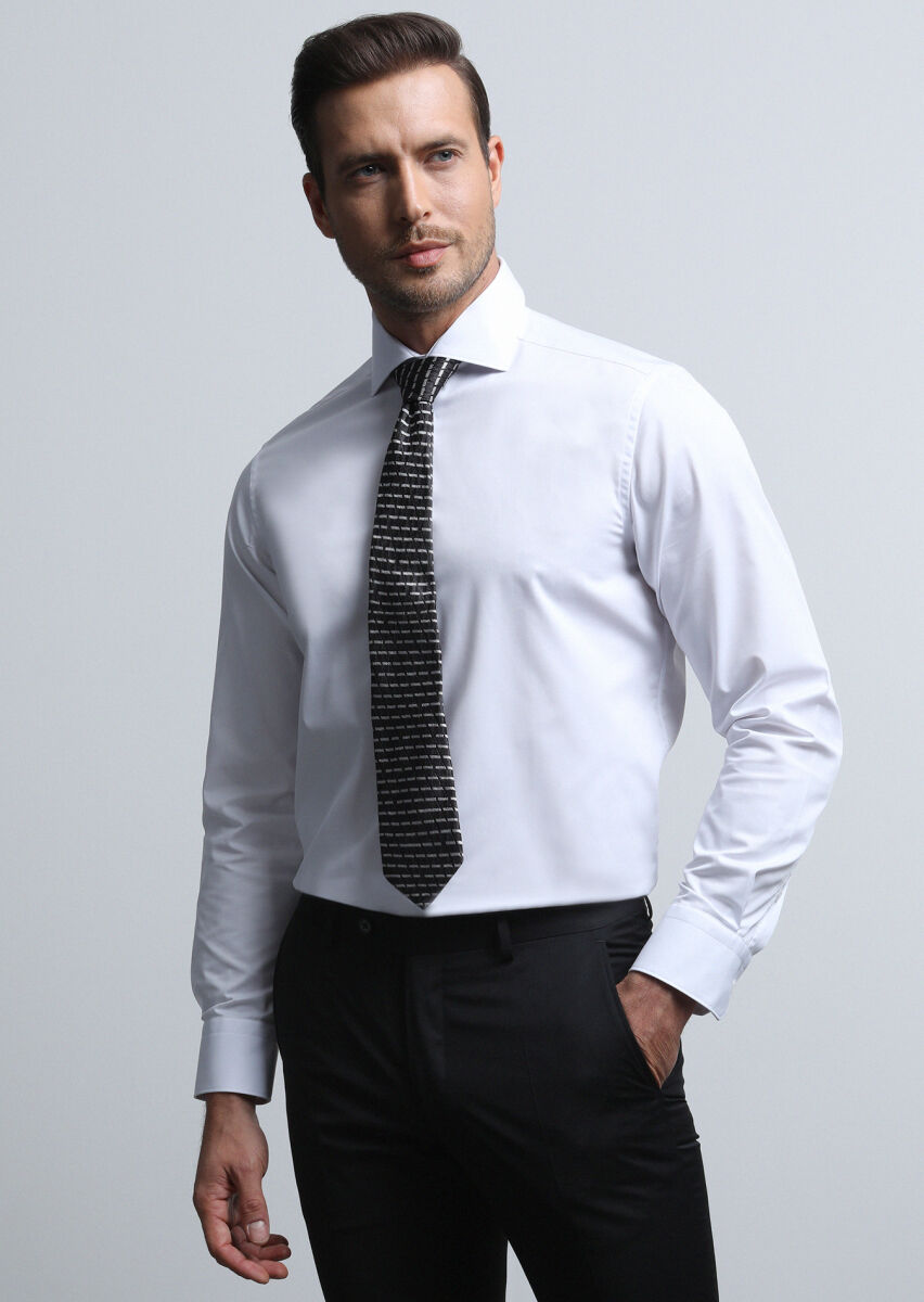 White Plain Regular Fit Long Weaving Classical Cotton Blended Shirt - 3