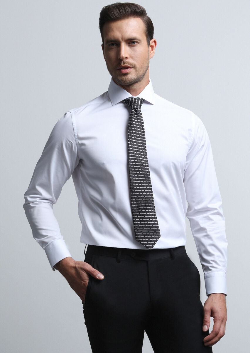 White Plain Regular Fit Long Weaving Classical Cotton Blended Shirt - 4