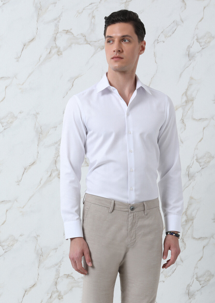 White Plain Regular Fit Long Weaving Classical Cotton Blended Shirt - 2
