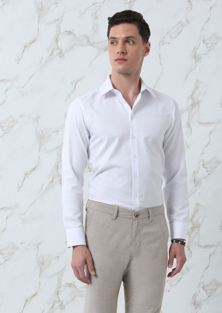 White Plain Regular Fit Long Weaving Classical Cotton Blended Shirt - 2