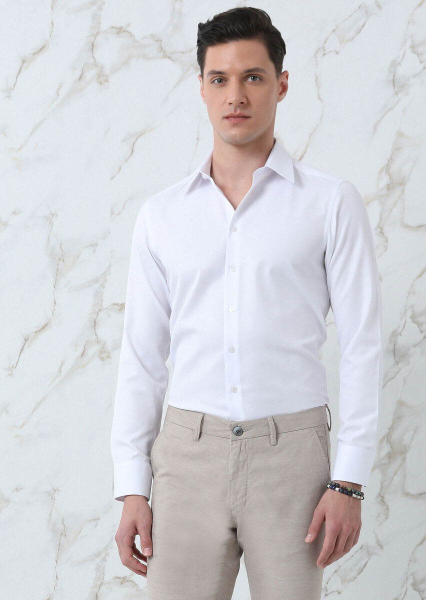 White Plain Regular Fit Long Weaving Classical Cotton Blended Shirt - 4