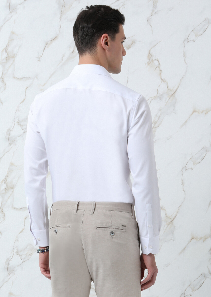 White Plain Regular Fit Long Weaving Classical Cotton Blended Shirt - 5