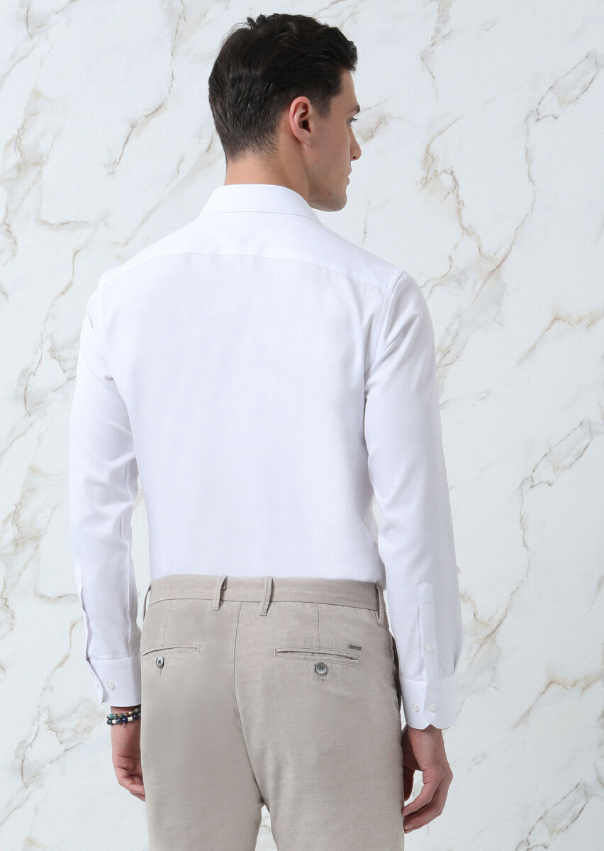 White Plain Regular Fit Long Weaving Classical Cotton Blended Shirt - 5