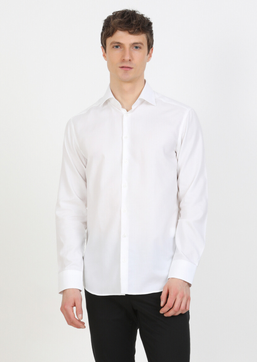 White Plain Regular Fit Long Weaving Classical Cotton Blended Shirt - 1