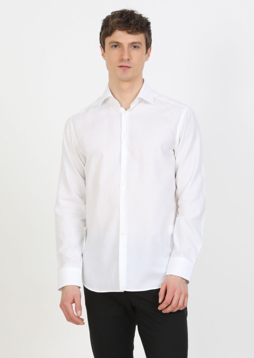 White Plain Regular Fit Long Weaving Classical Cotton Blended Shirt - 1