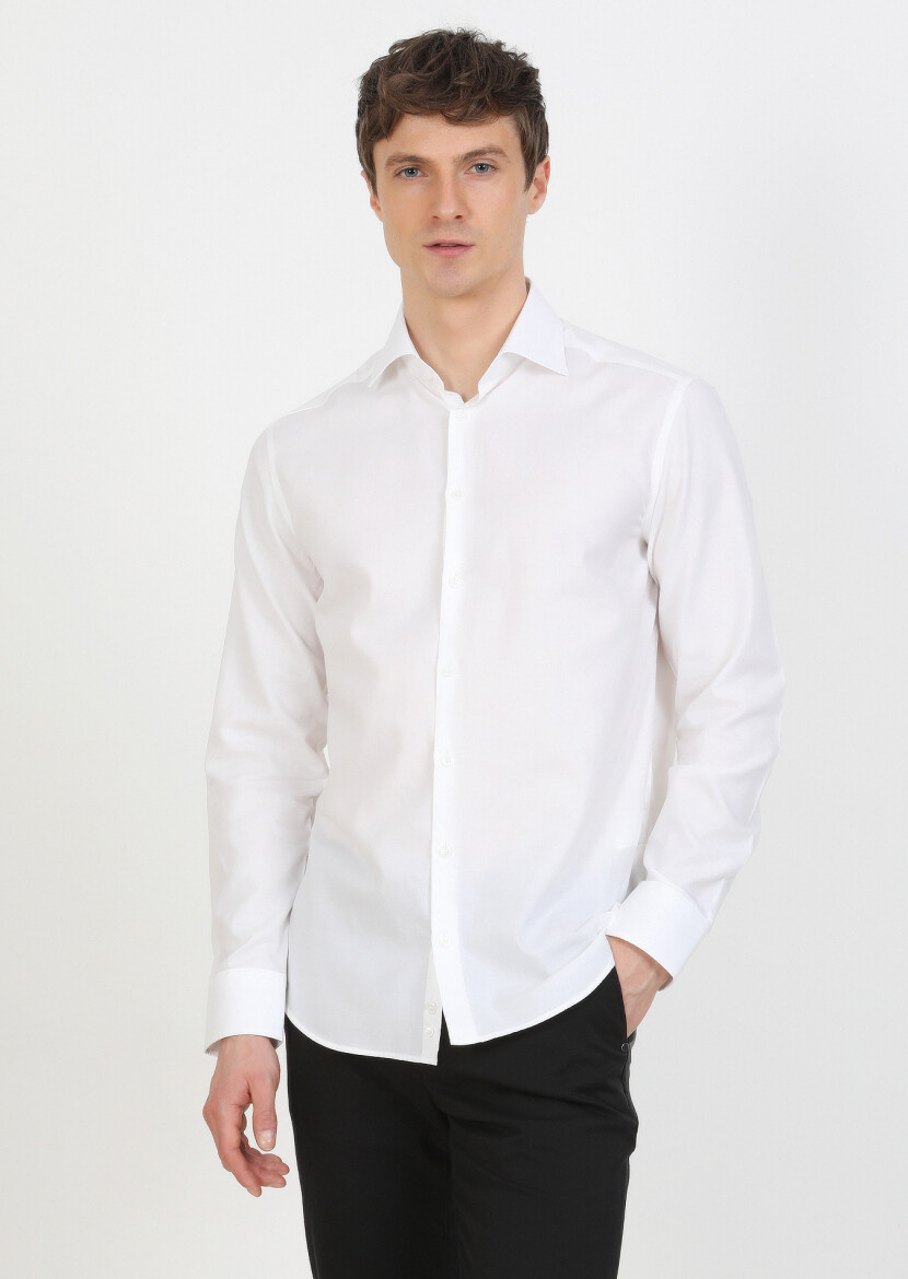 White Plain Regular Fit Long Weaving Classical Cotton Blended Shirt - 3