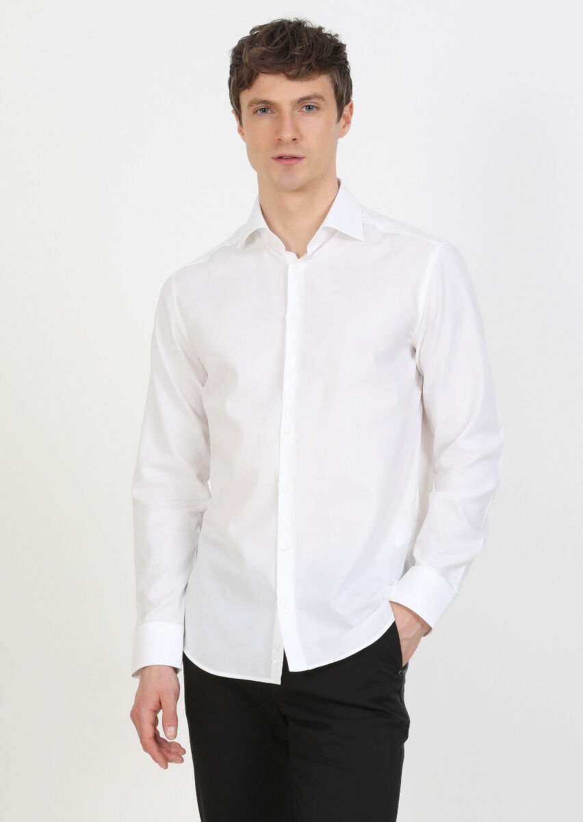 White Plain Regular Fit Long Weaving Classical Cotton Blended Shirt - 3