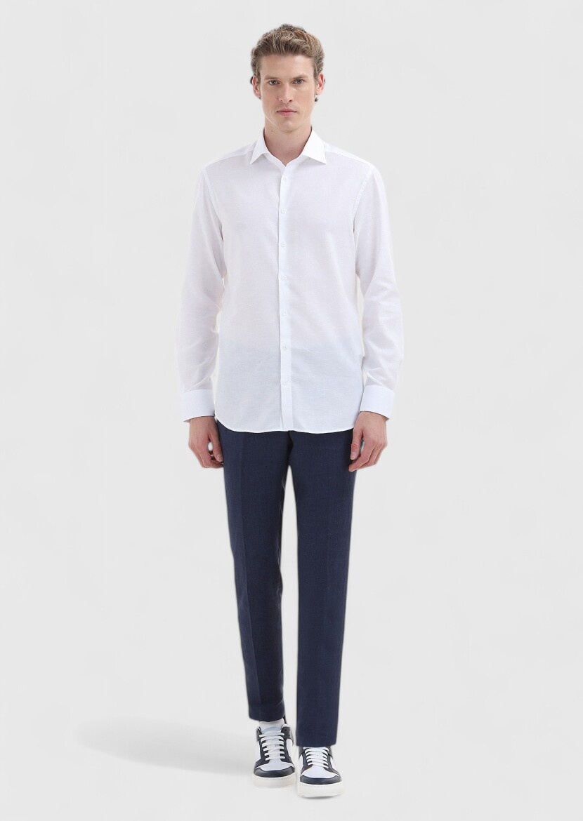 White Plain Regular Fit Long Weaving Classical Cotton Blended Shirt - 1