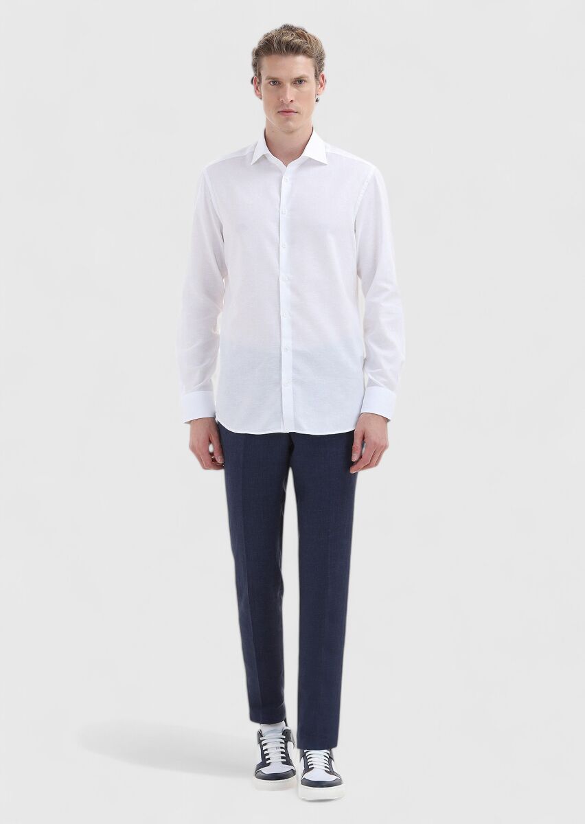 White Plain Regular Fit Long Weaving Classical Cotton Blended Shirt - 1