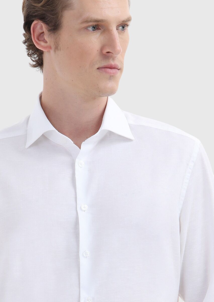 White Plain Regular Fit Long Weaving Classical Cotton Blended Shirt - 3