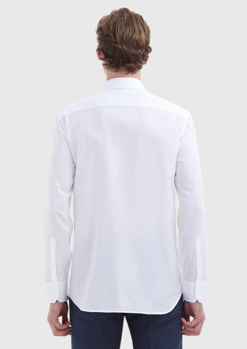 White Plain Regular Fit Long Weaving Classical Cotton Blended Shirt - 4