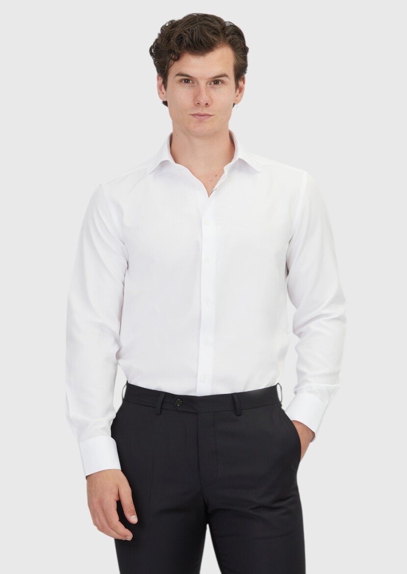 White Plain Regular Fit Long Weaving Classical Cotton Blended Shirt 
