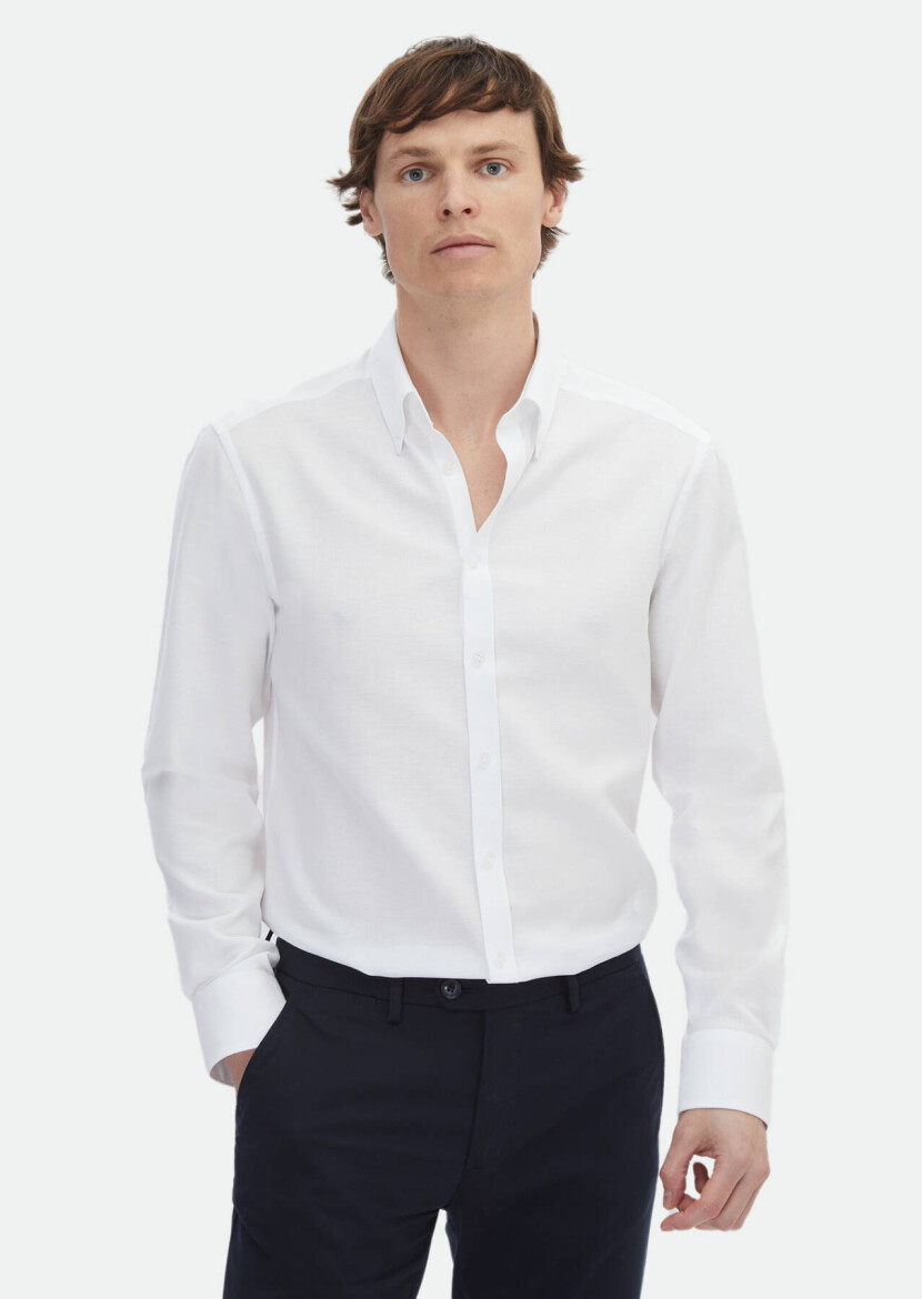 White Plain Regular Fit Long Weaving Classical Cotton Blended Shirt - 1