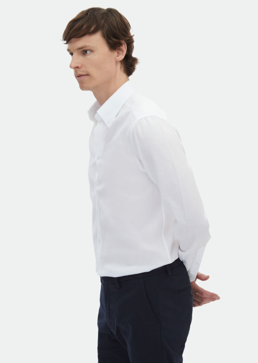 White Plain Regular Fit Long Weaving Classical Cotton Blended Shirt - 3