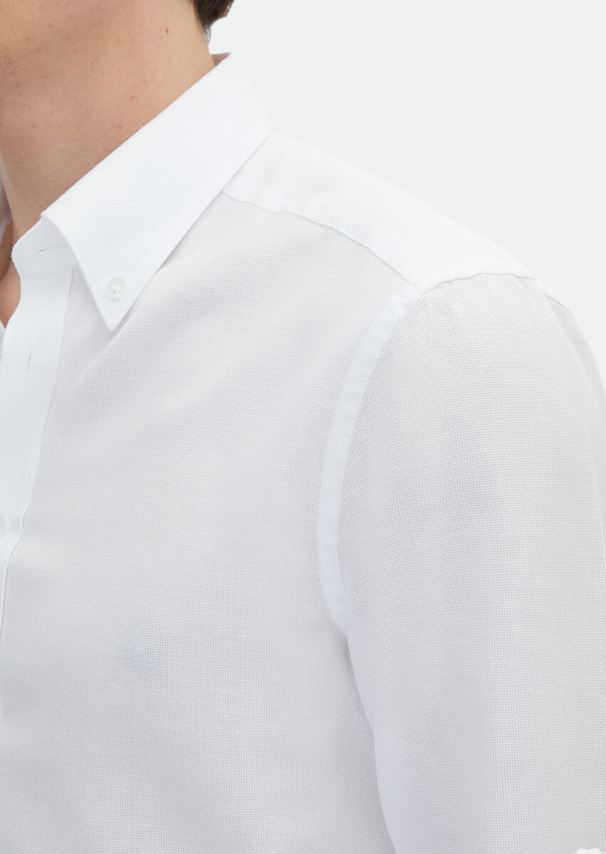 White Plain Regular Fit Long Weaving Classical Cotton Blended Shirt - 4