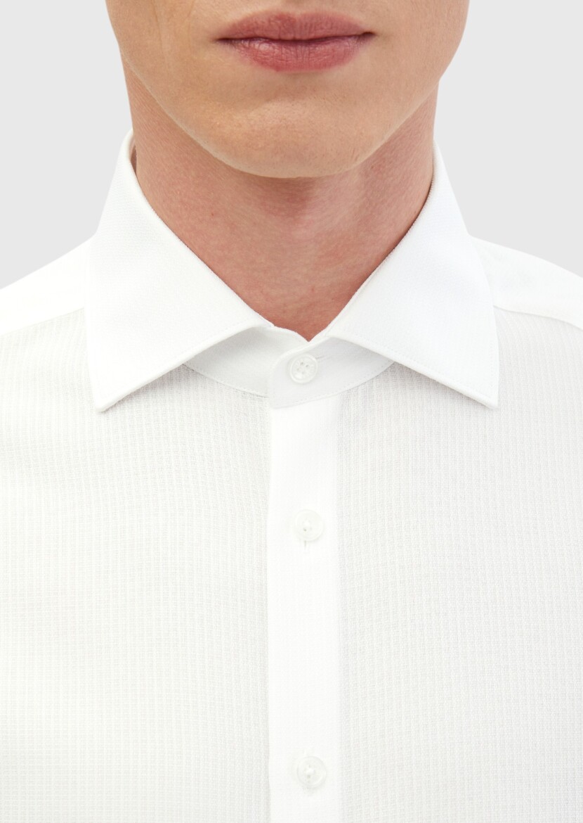 White Plain Regular Fit Long Weaving Classical Cotton Blended Shirt - 3