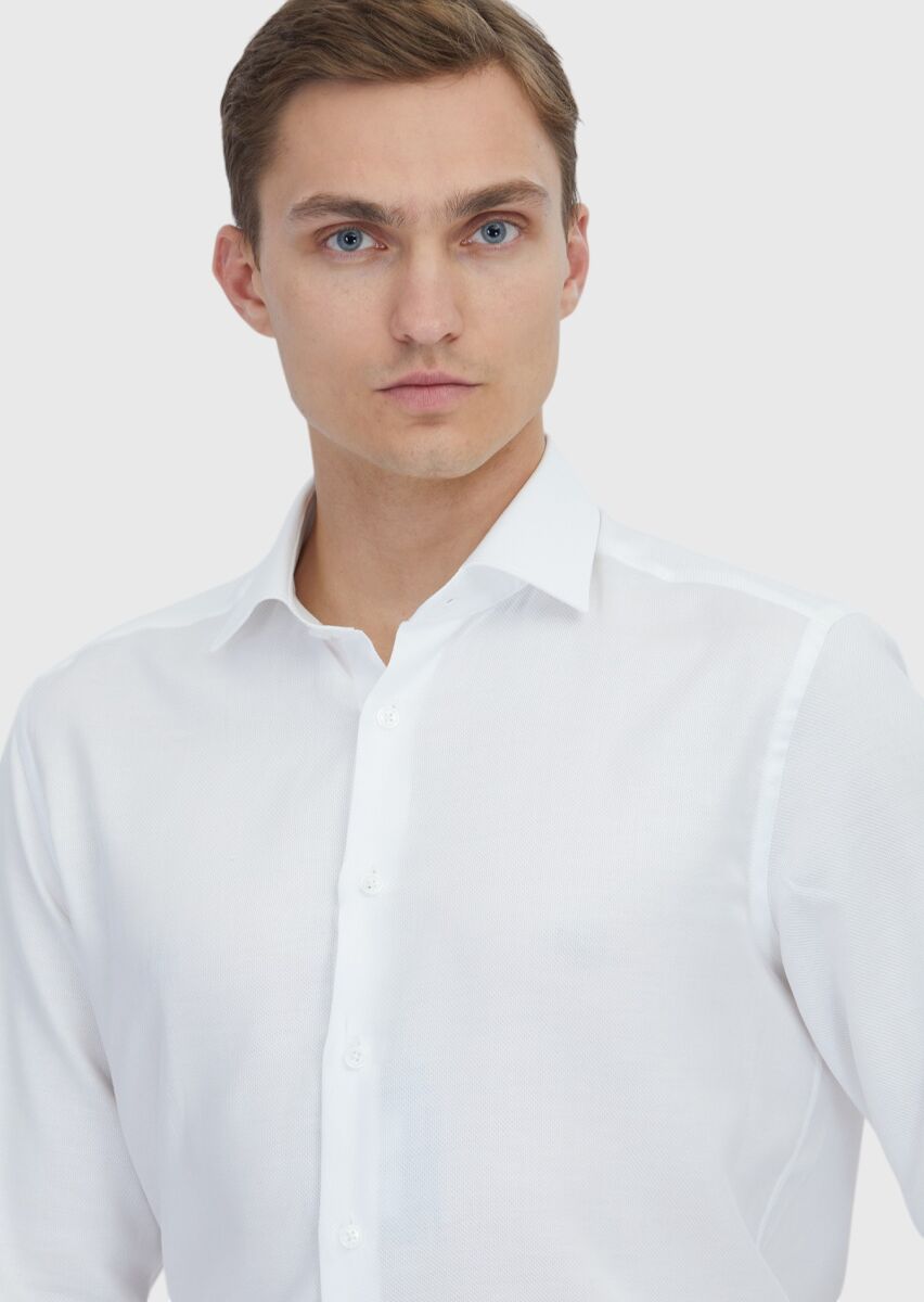White Plain Regular Fit Long Weaving Classical Cotton Blended Shirt - 3