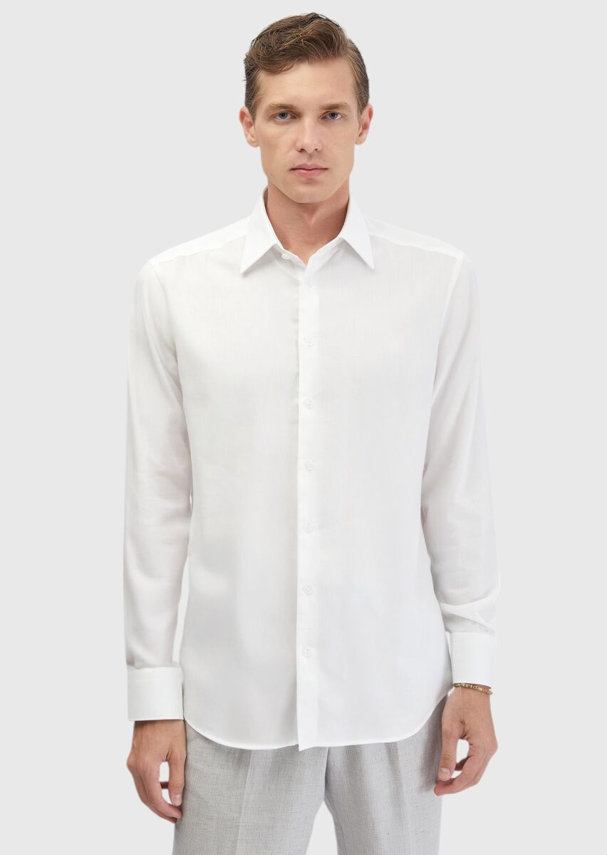 White Plain Regular Fit Long Weaving Classical Cotton Blended Shirt - 3