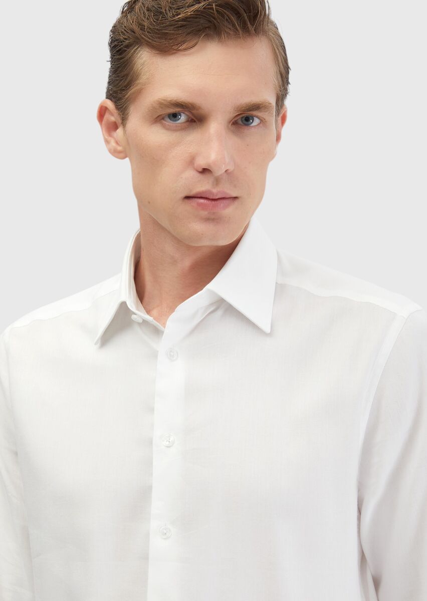 White Plain Regular Fit Long Weaving Classical Cotton Blended Shirt - 4