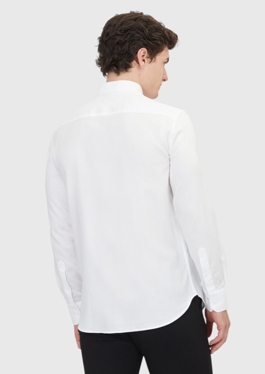 White Plain Regular Fit Long Weaving Classical Cotton Blended Shirt - 5
