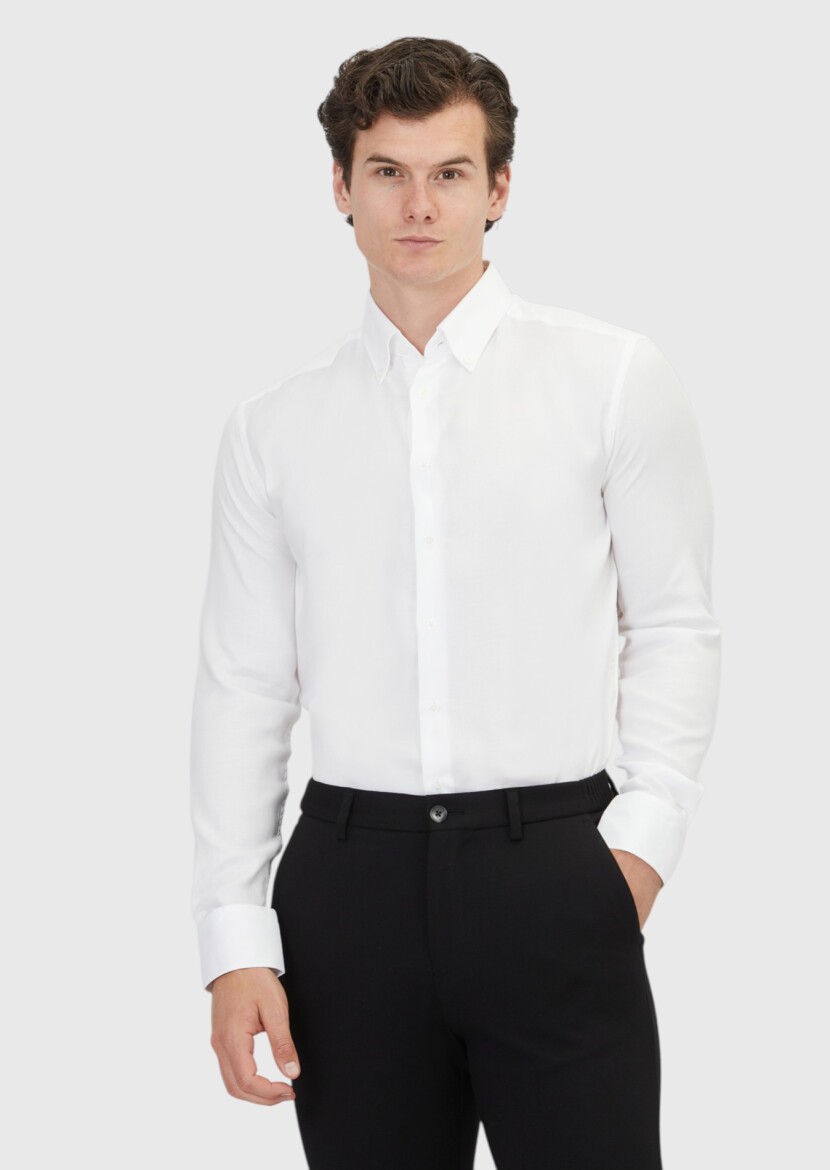 White Plain Regular Fit Long Weaving Classical Cotton Blended Shirt - RAMSEY