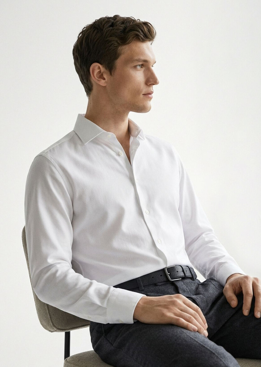 White Plain Regular Fit Long Weaving Classical Shirt - 1