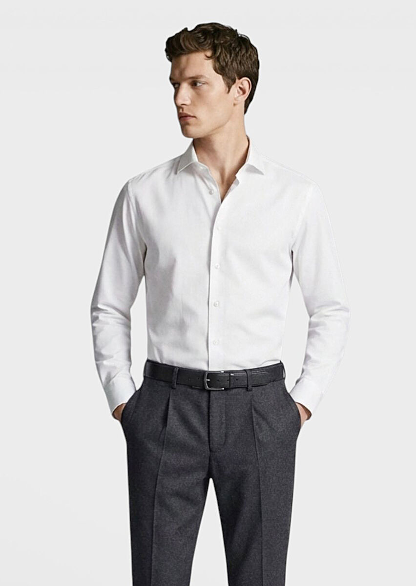 White Plain Regular Fit Long Weaving Classical Shirt - 3