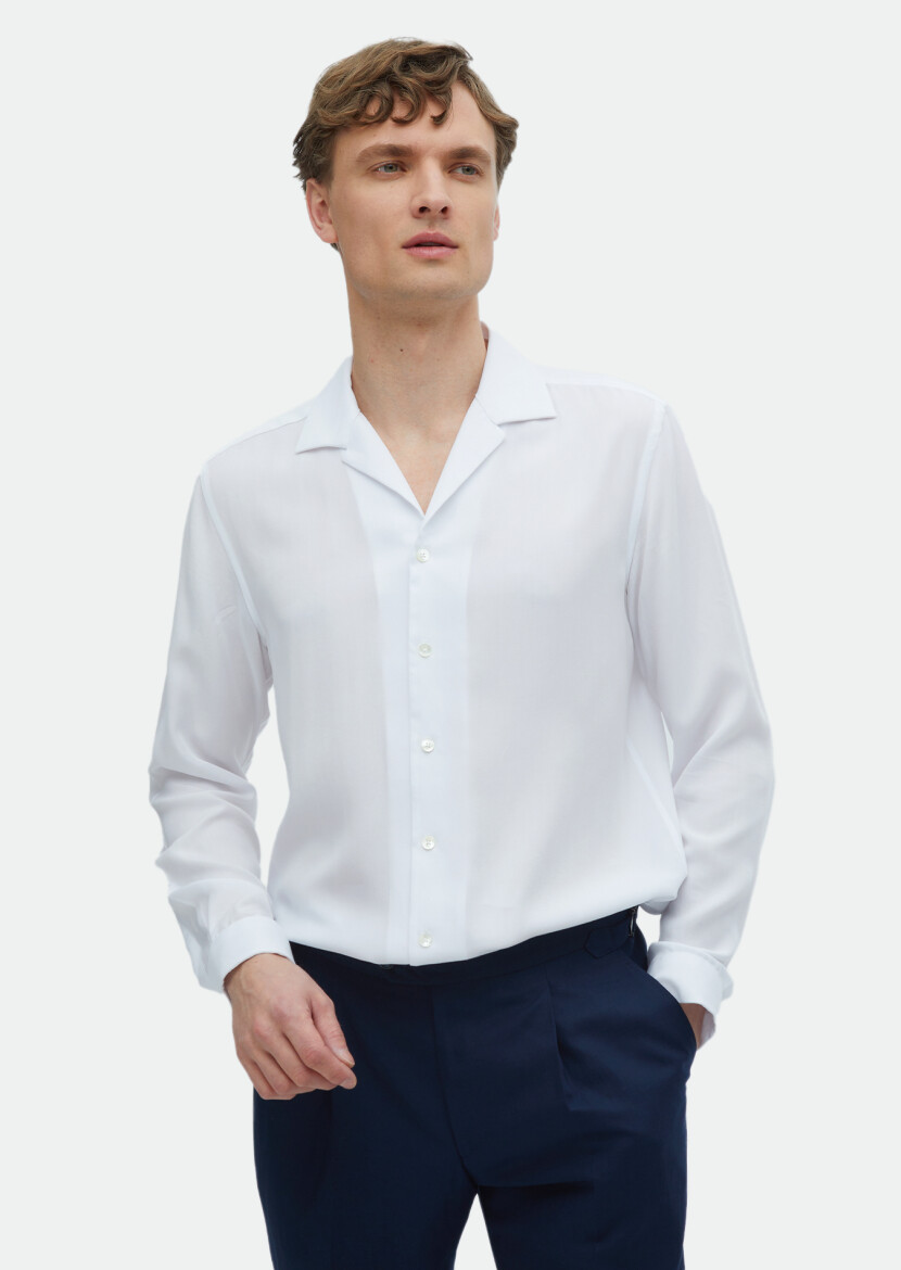 White Plain Regular Fit Long Weaving Classical Shirt - 1