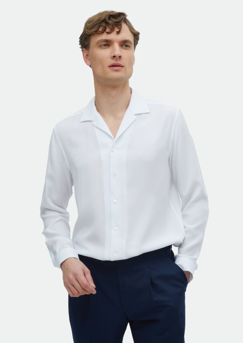 White Plain Regular Fit Long Weaving Classical Shirt - 1