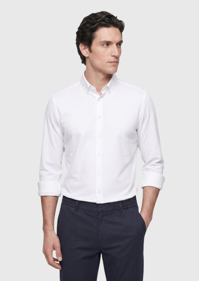 White Plain Regular Fit Long Weaving Classical Shirt - RAMSEY
