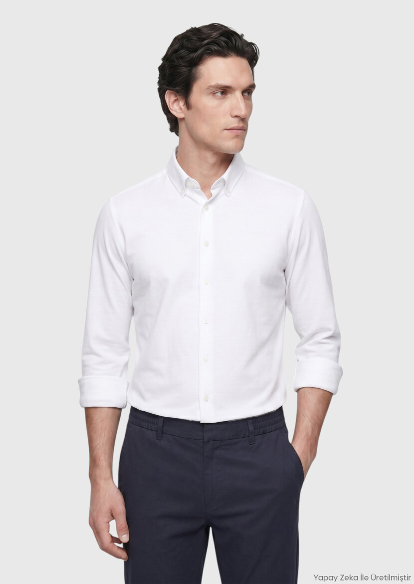 White Plain Regular Fit Long Weaving Classical Shirt - RAMSEY