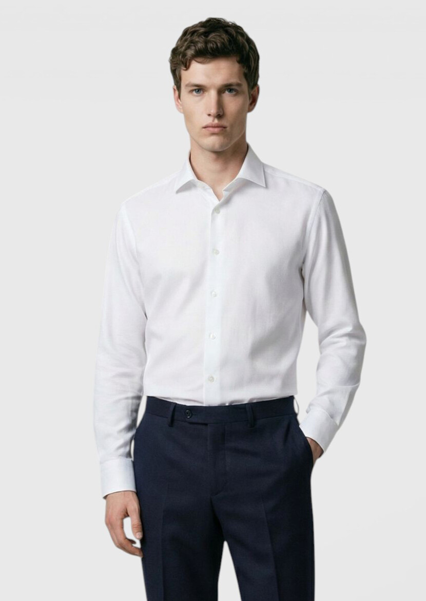 White Plain Regular Fit Long Weaving Classical Wool Blended Shirt - RAMSEY