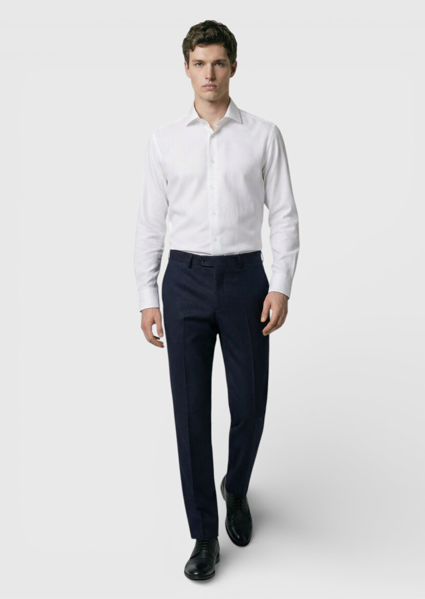 White Plain Regular Fit Long Weaving Classical Wool Blended Shirt - RAMSEY