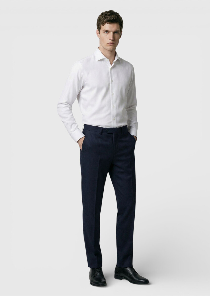White Plain Regular Fit Long Weaving Classical Wool Blended Shirt - 3