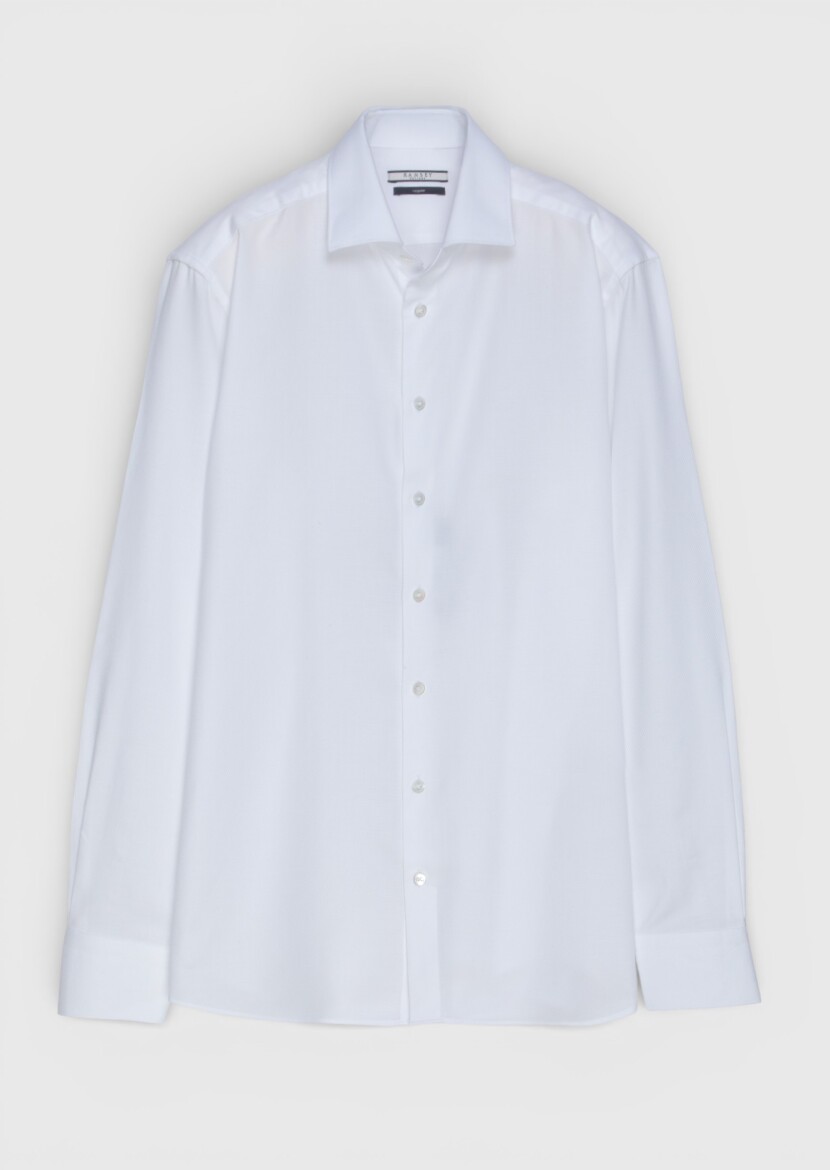 White Plain Regular Fit Long Weaving Classical Wool Blended Shirt - 5