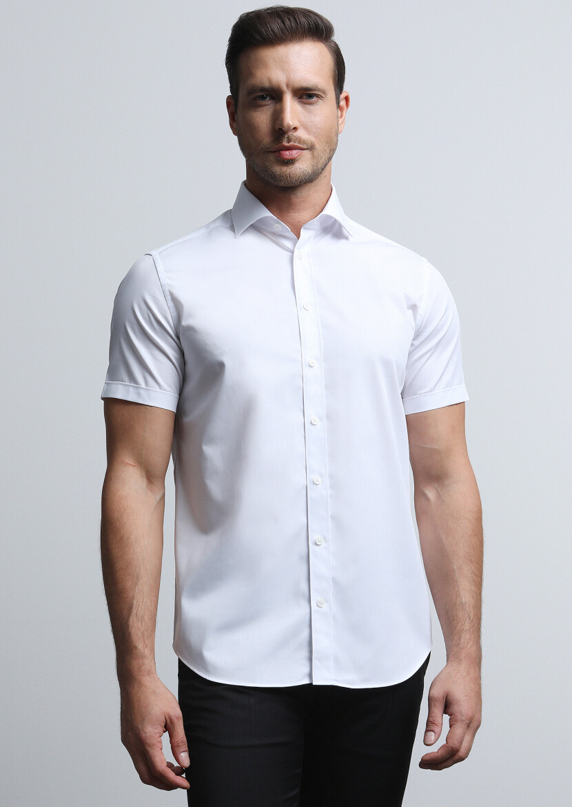 White Plain Regular Fit Short Weaving Classical Cotton Blended Shirt - 1
