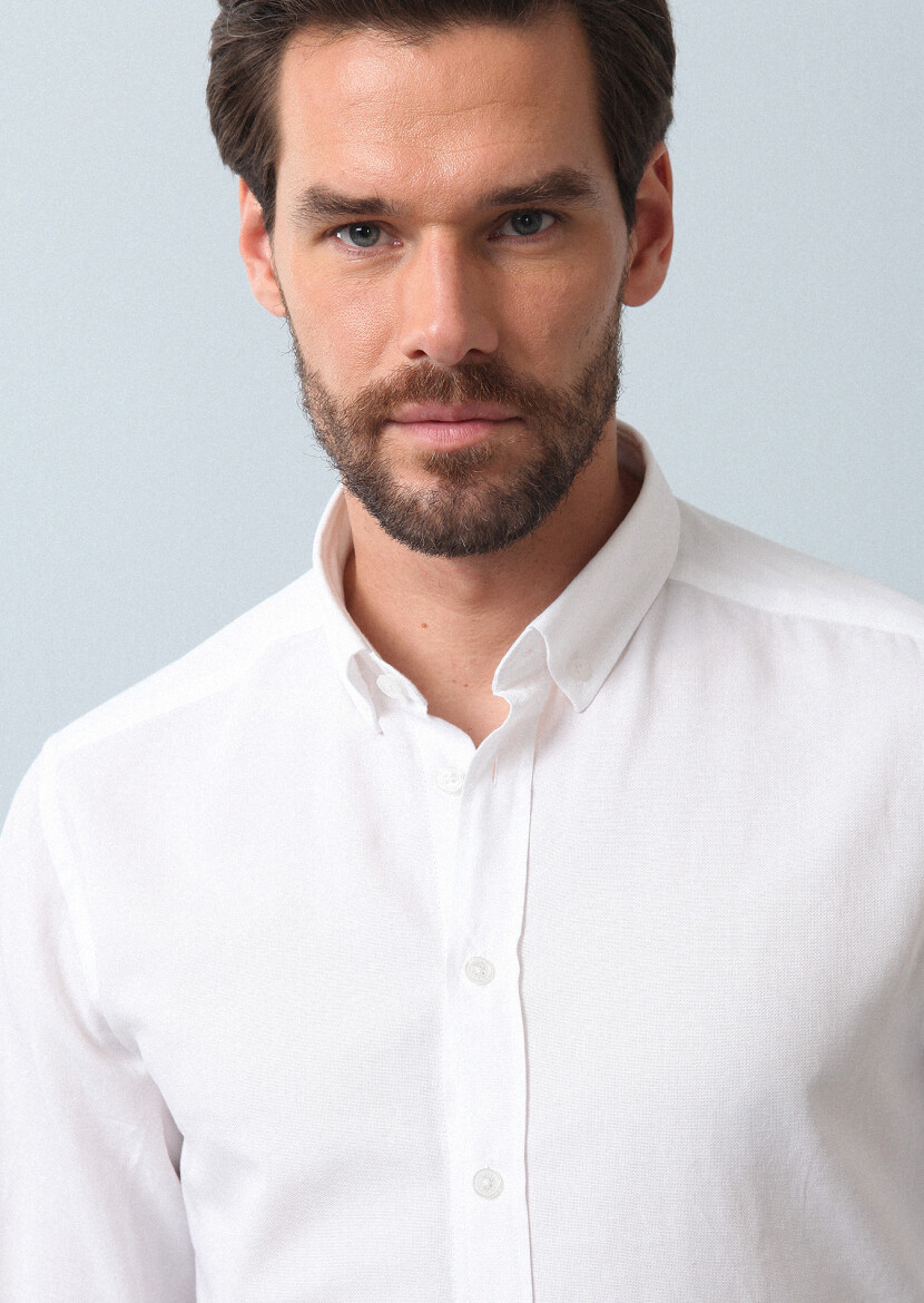 White Plain Regular Fit Weaving Casual 100% Cotton Shirt - 1