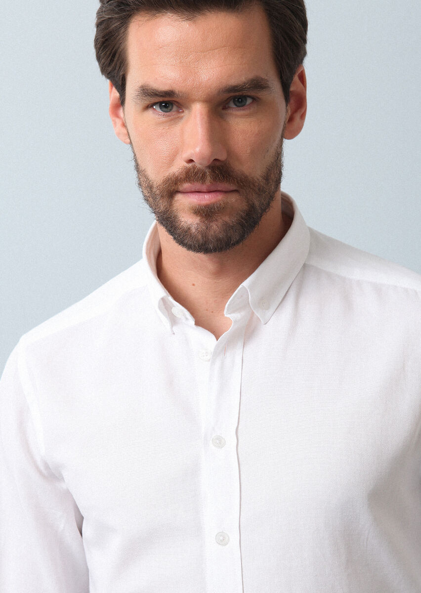 White Plain Regular Fit Weaving Casual 100% Cotton Shirt - 1