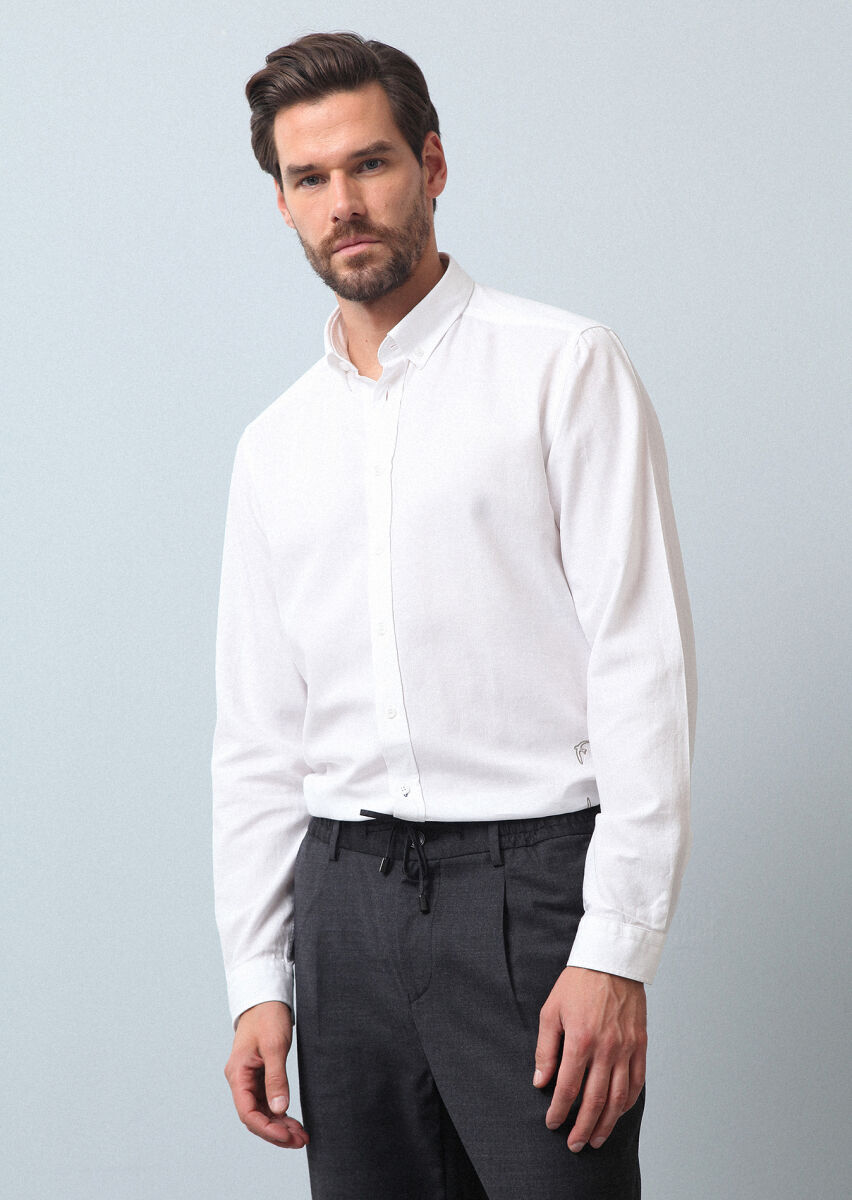 White Plain Regular Fit Weaving Casual 100% Cotton Shirt - 3