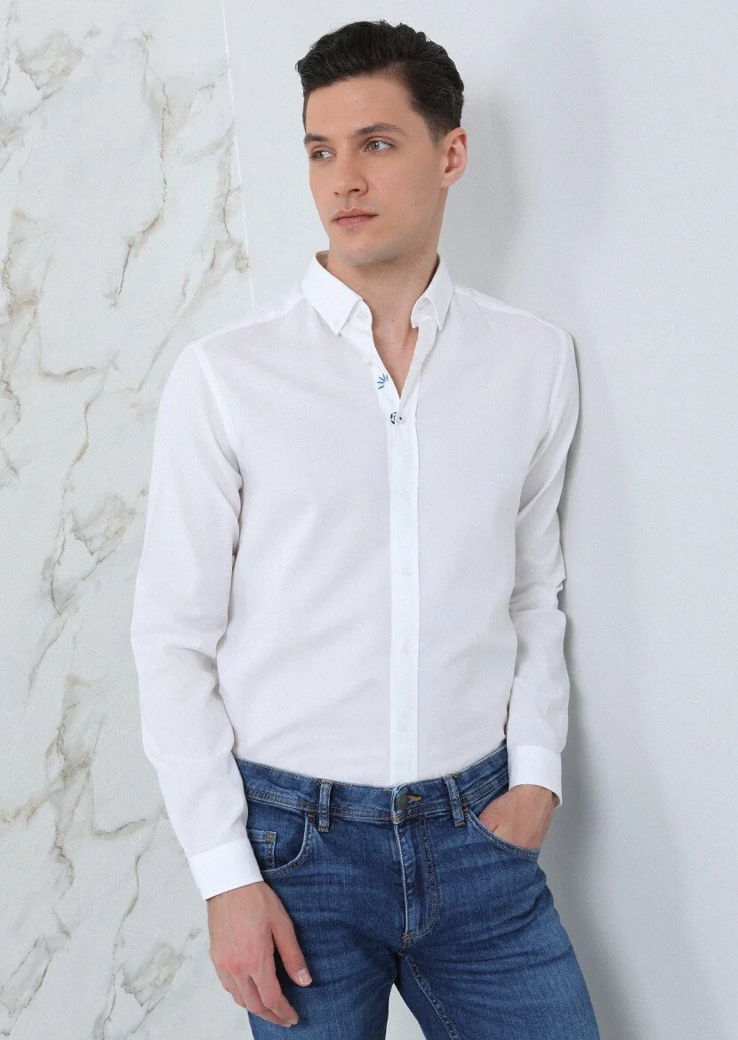 White Plain Regular Fit Weaving Casual 100% Cotton Shirt - 1