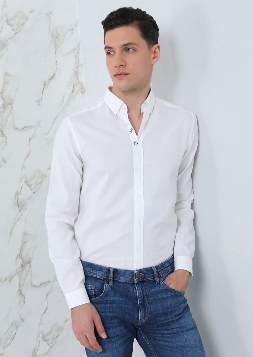 White Plain Regular Fit Weaving Casual 100% Cotton Shirt - 1
