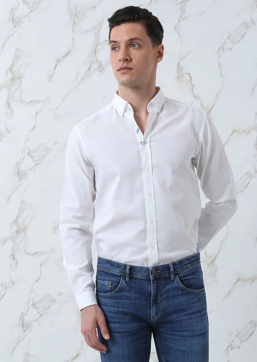 White Plain Regular Fit Weaving Casual 100% Cotton Shirt - 4
