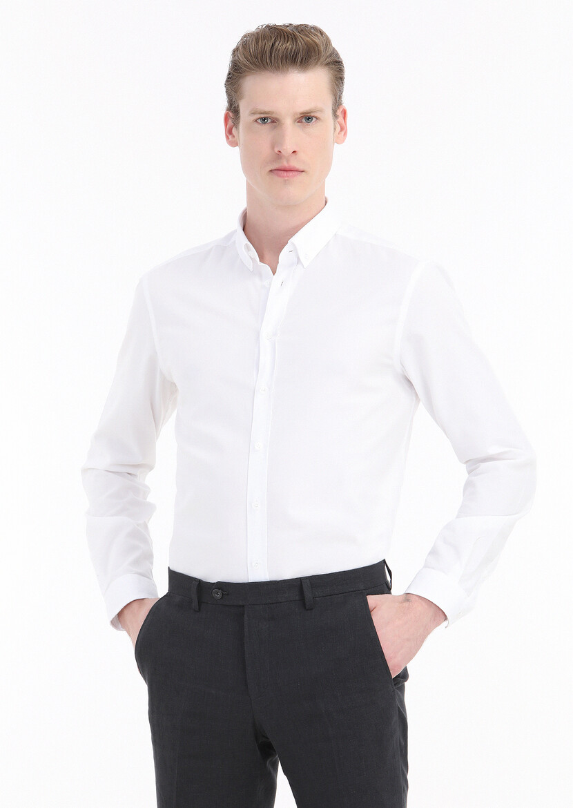 White Plain Regular Fit Weaving Casual 100% Cotton Shirt - 2